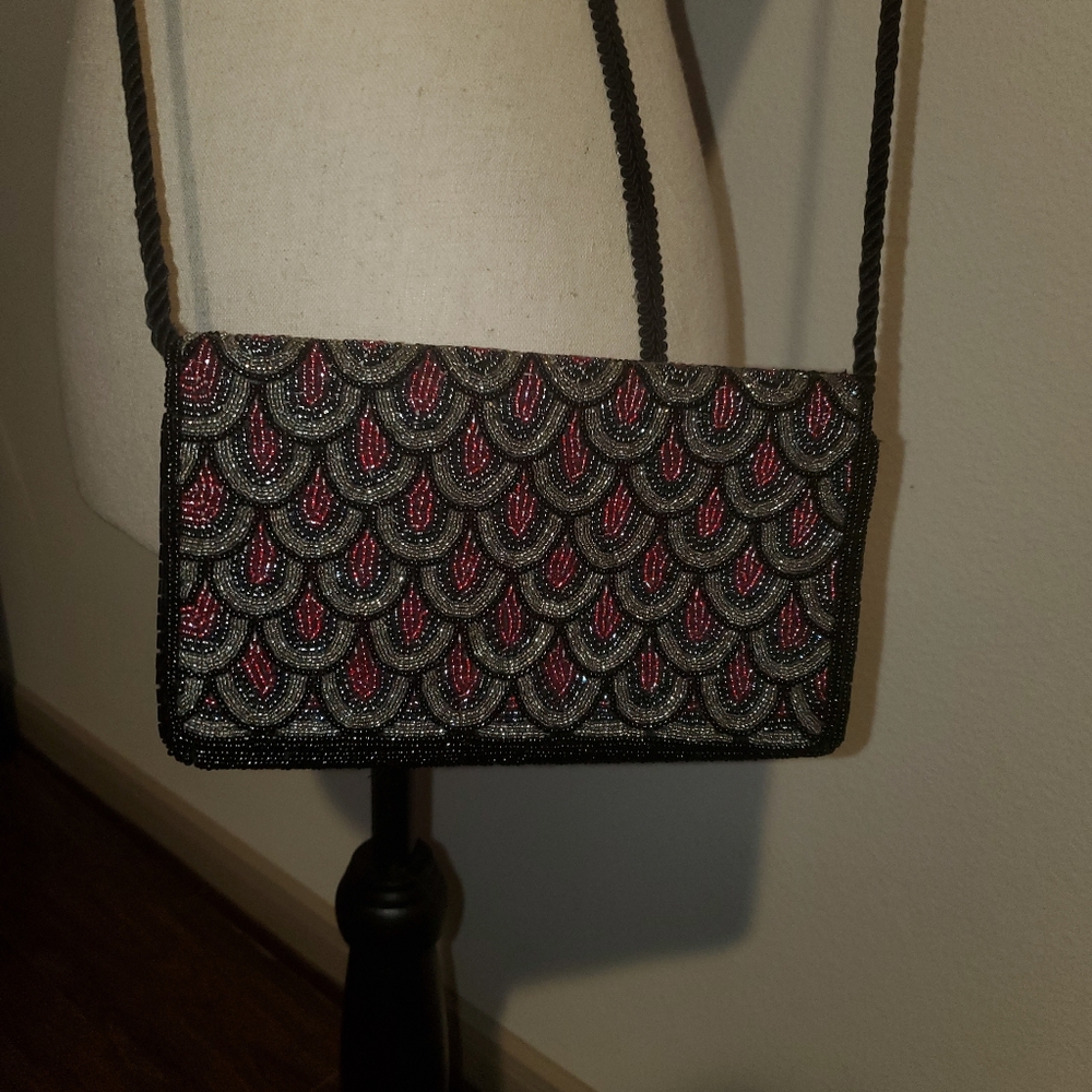 Black and Merlot/Burgundy beaded handbag